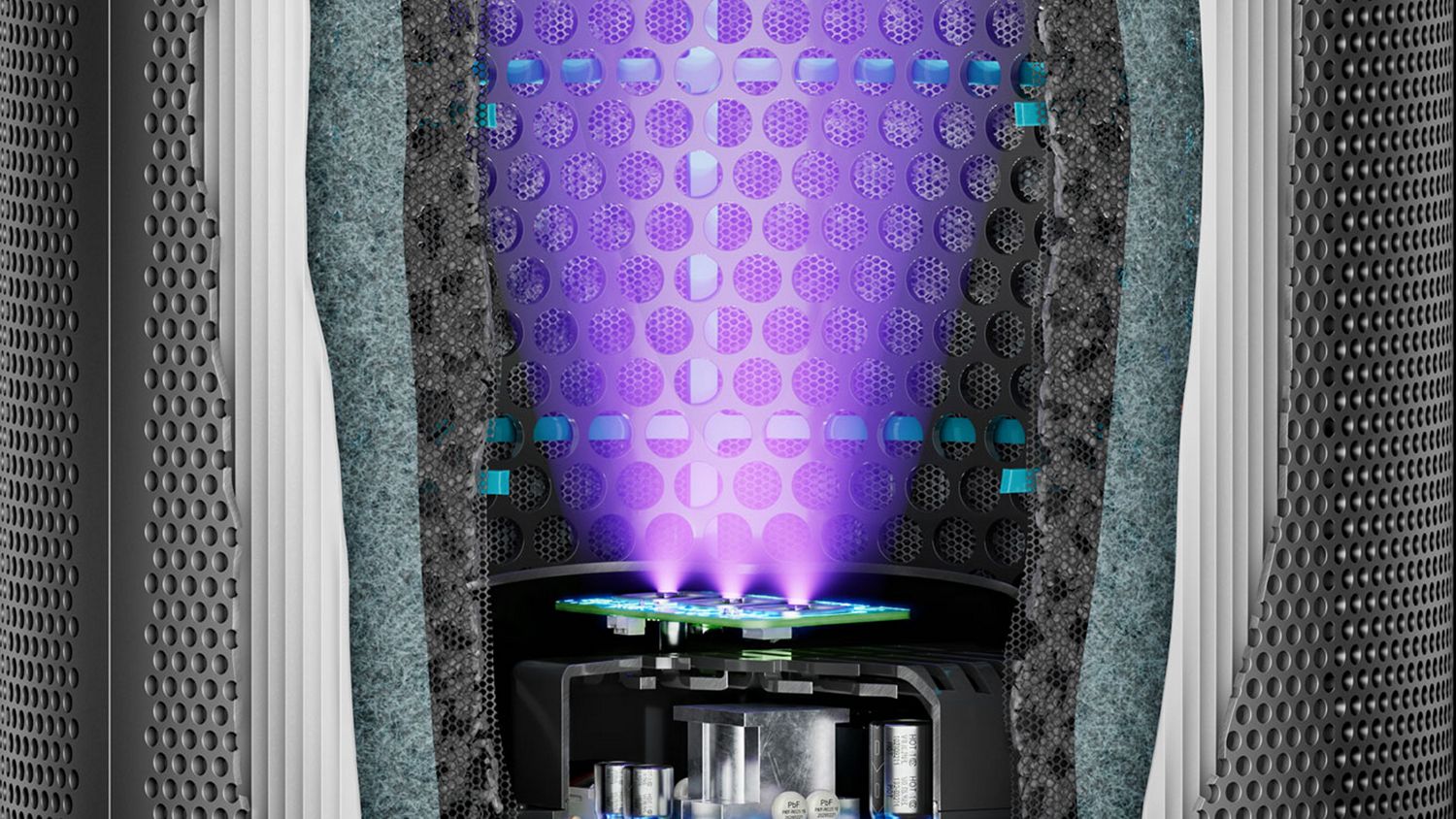 Exploded graphic shows the multiple filtration layers of the Dyson HushJet Cool Pure + Formaldehyde purifier.