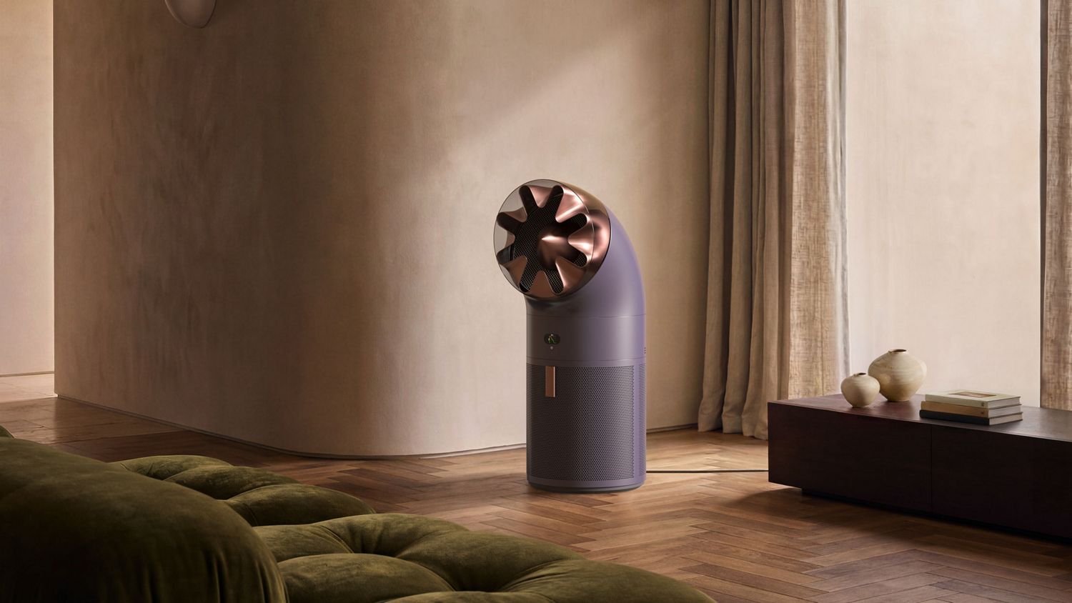 Dyson HushJet Big+Quiet Cool Pure+ Formaldehyde air purifier in a large living room.