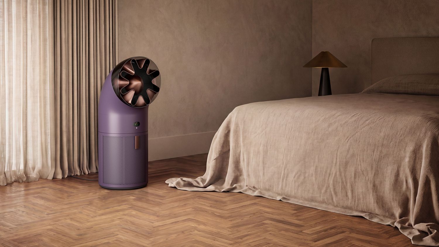 Dyson HushJet Big+Quiet Cool Pure+ Formaldehyde air purifier in a bedroom.
