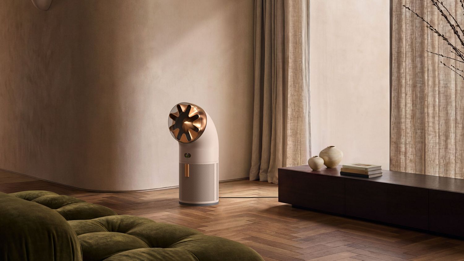 Dyson HushJet Cool Pure + Formaldehyde purifier in a large living room.