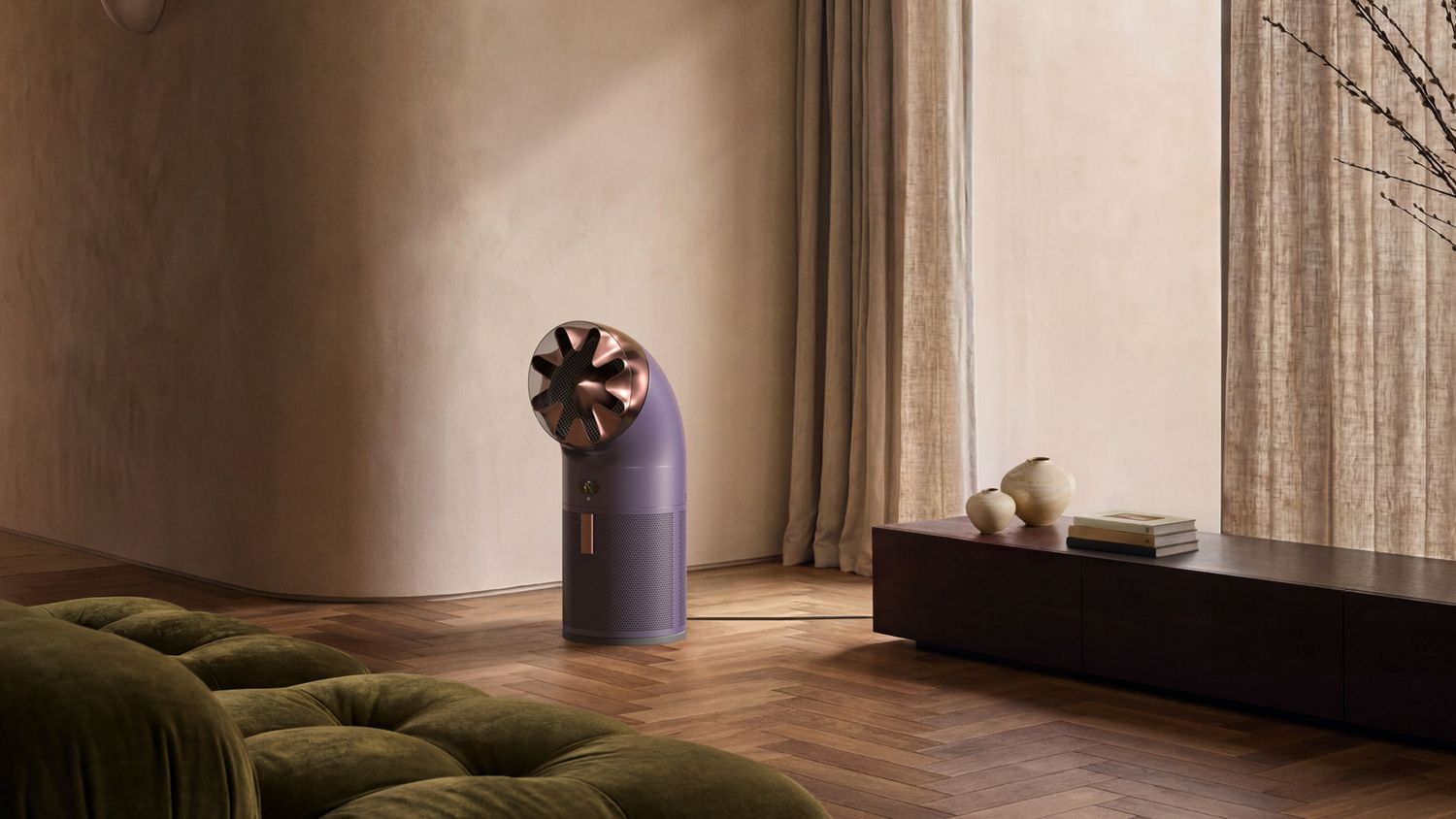 Dyson HushJet Cool Pure + Formaldehyde purifier in a large living room.