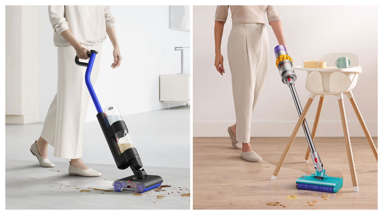 The Dyson WashG1 wet cleaner and the Submarine wet roller head on a Dyson vacuum being used to clean hard floors.