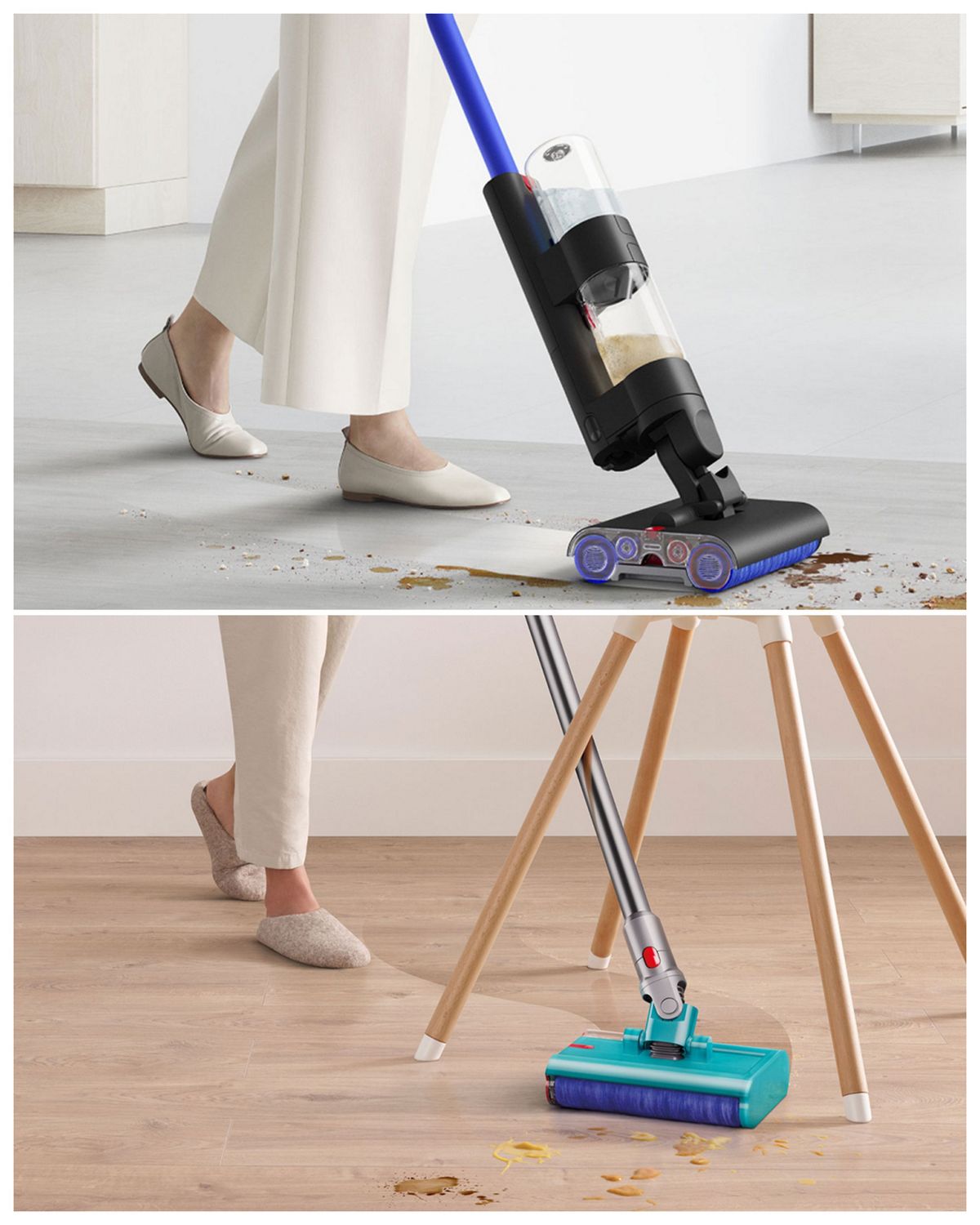 The Dyson WashG1 wet cleaner and the Submarine wet roller head on a Dyson vacuum being used to clean hard floors.