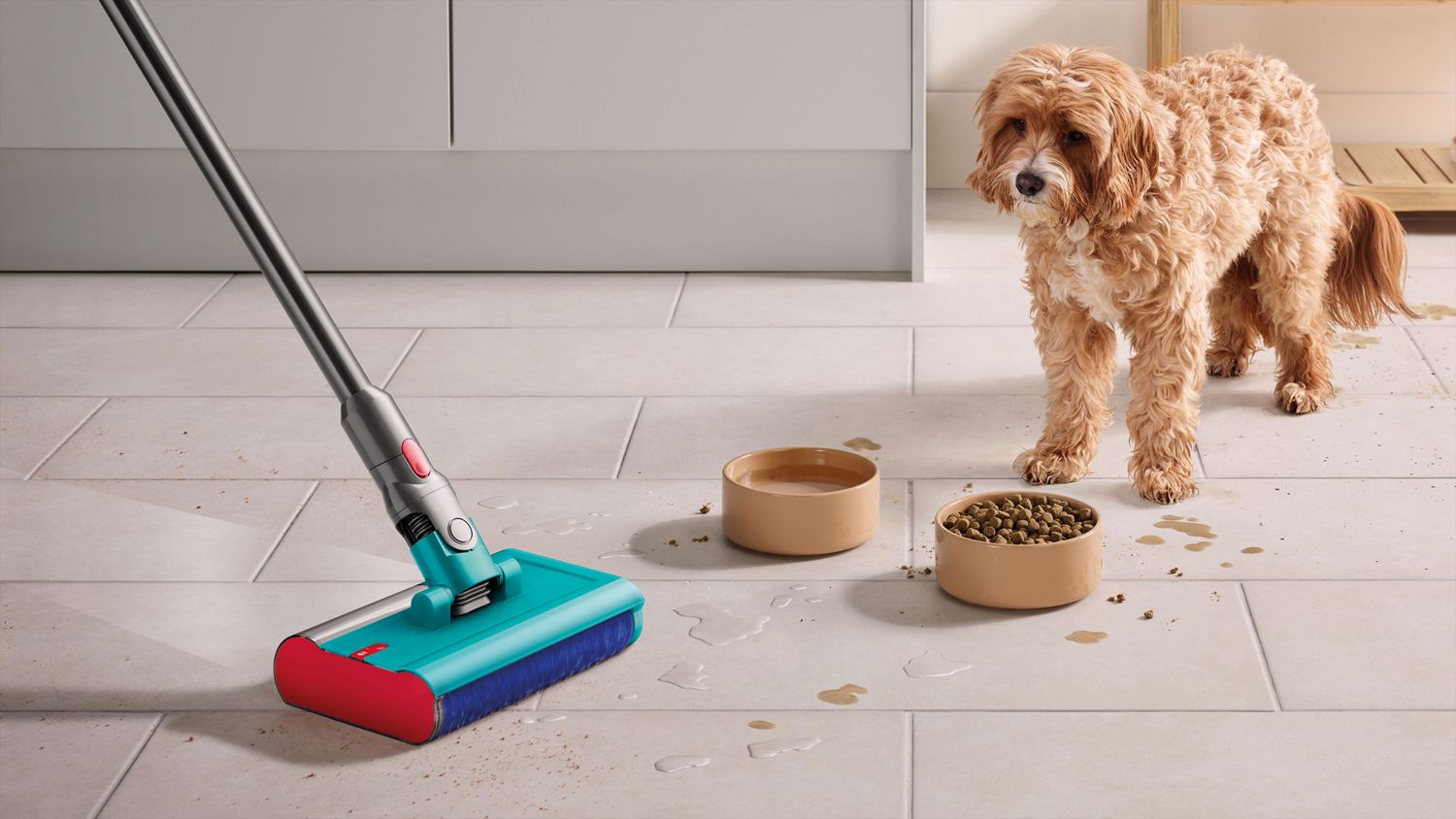 A Dyson vacuum with the Submarine wet roller head is used by a pet owner to clean a spill from their dog’s bowl.
