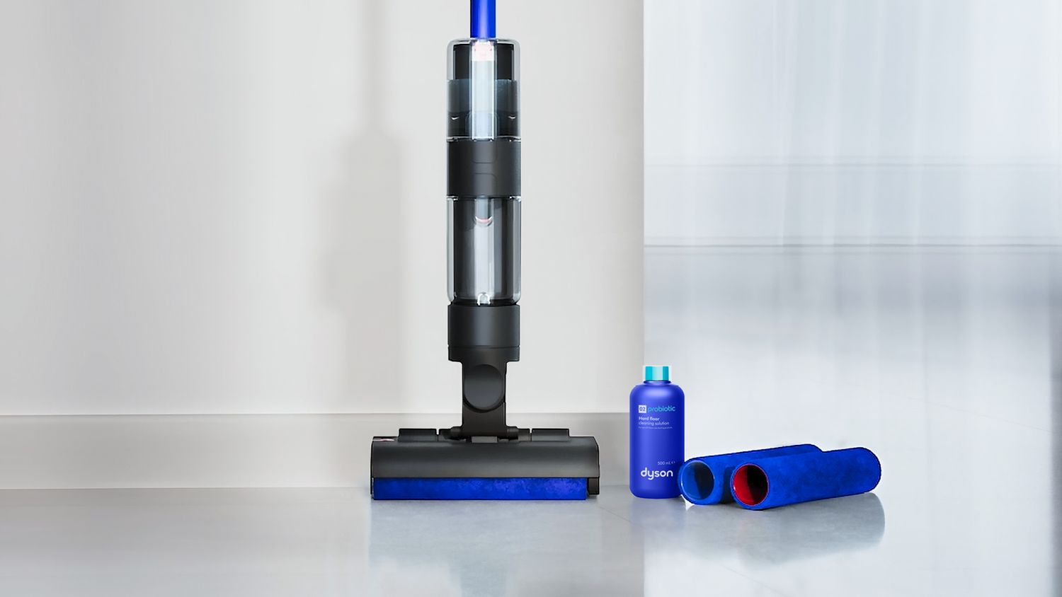 The Dyson Wash G1 wet cleaner and the Dyson 02 Probiotic hard floor cleaning solution.