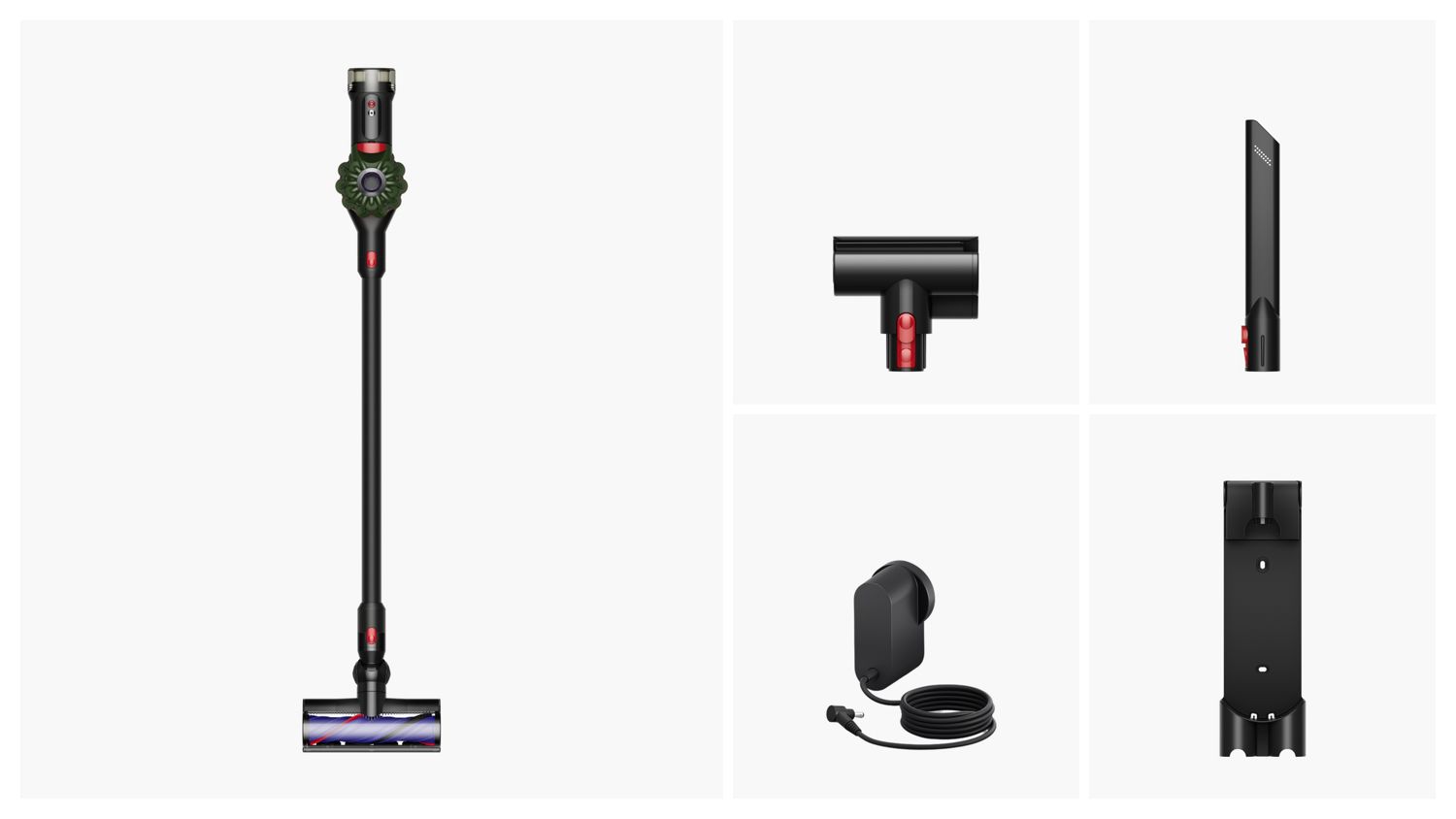The Dyson V8 Cyclone cordless vacuum with included accessories and attachments.