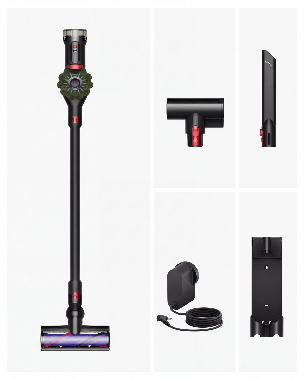 The Dyson V8 Cyclone cordless vacuum with included accessories and attachments.