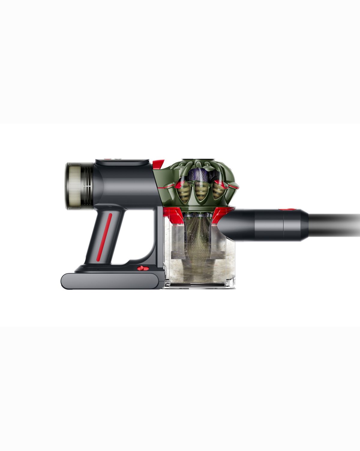 The Dyson V8 Cyclone vacuum with debris spinning around its clear bin.