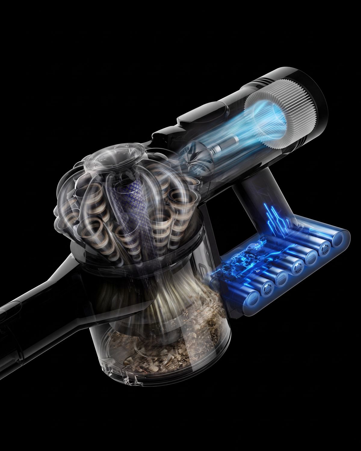 Dyson radial cyclone technology separates dust and allergens from the airflow.