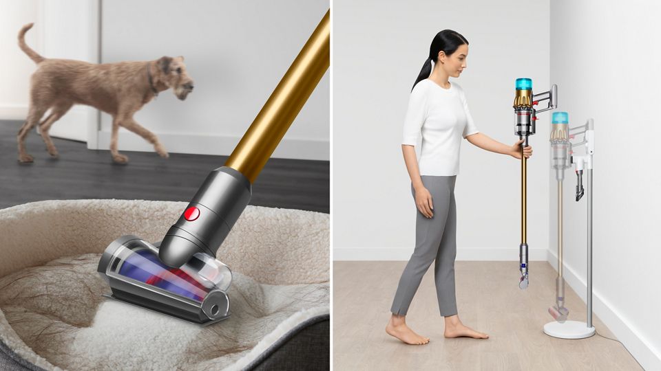 Digital Slimコードレス掃除機。クリーナー本体やツールを収納しながら充電できる、自立式のスタンド付きモデル。
