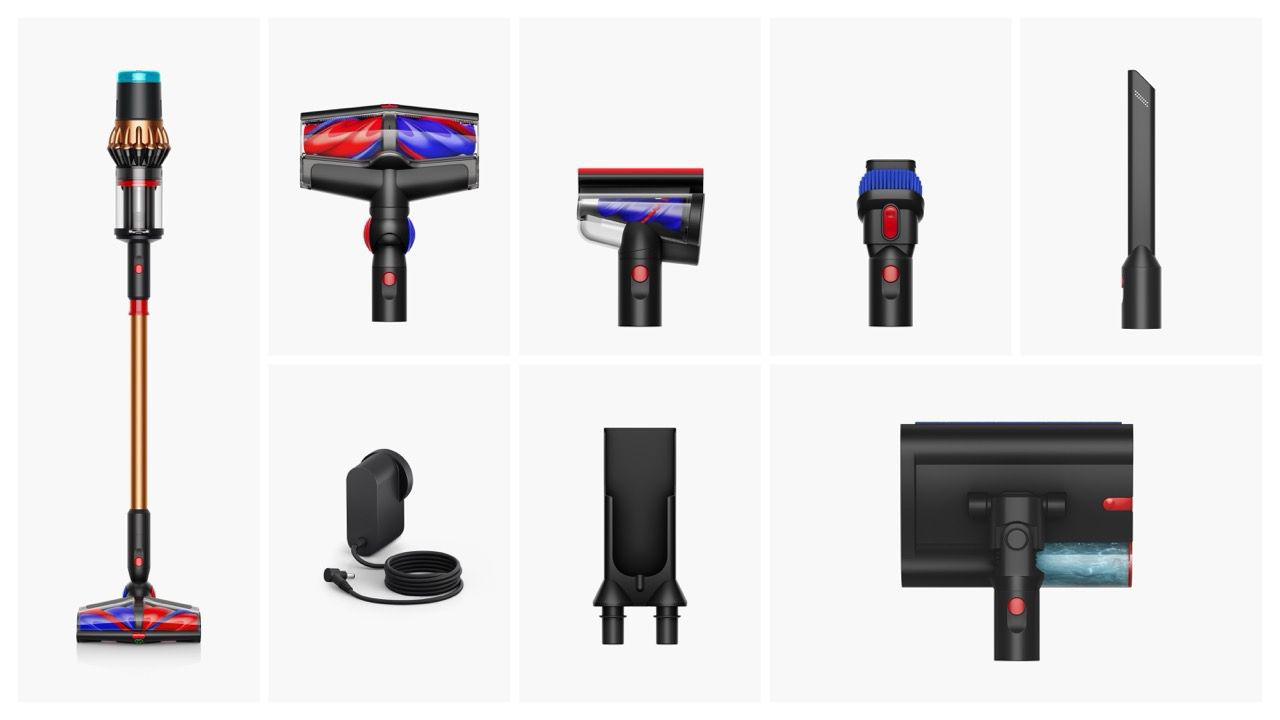The Dyson V16 Piston Animal cordless vacuum with a range of attachments.
