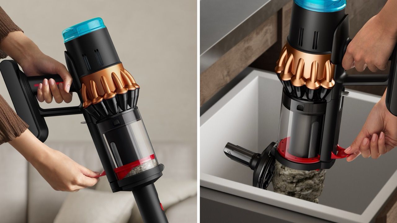 A cutaway of a Dyson V16 Piston Animal cordless vacuum showing the motor within.