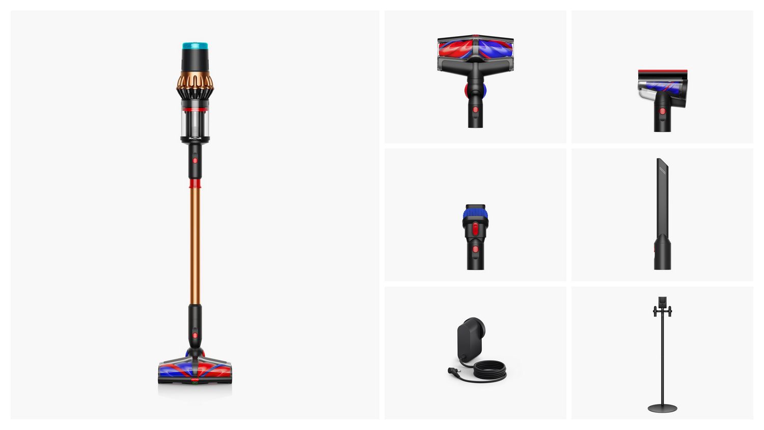 L'aspirateur sans fil Dyson V16 Piston Animal avec une gamme d'accessoires.