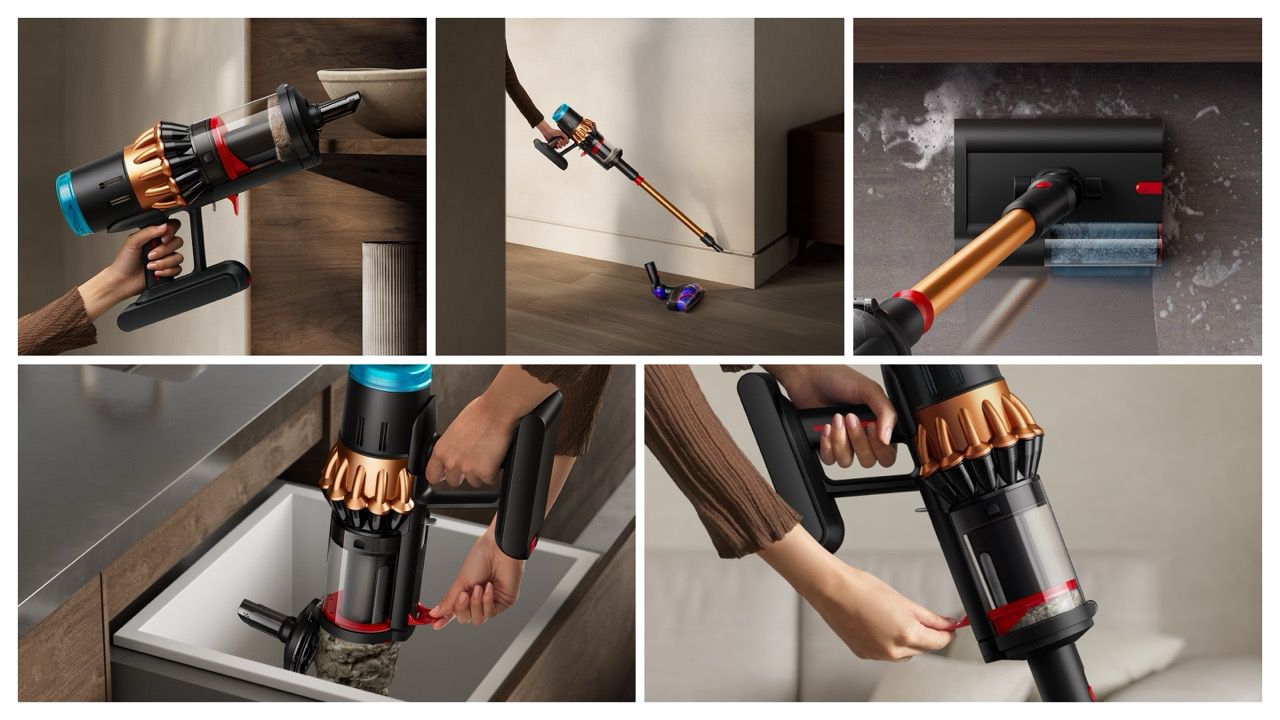 Grid of a person using their Dyson V16 Piston Animal cordless vacuum around their home