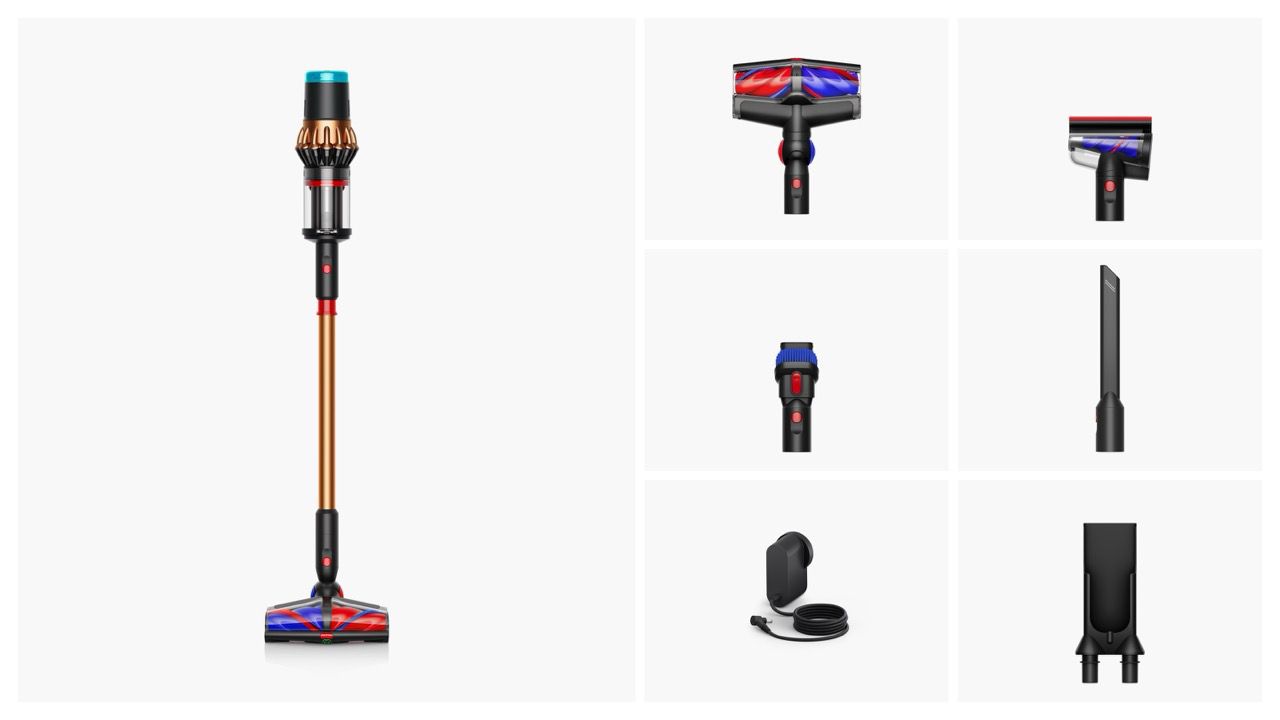 The Dyson V16 Piston Animal cordless vacuum with a range of attachments.