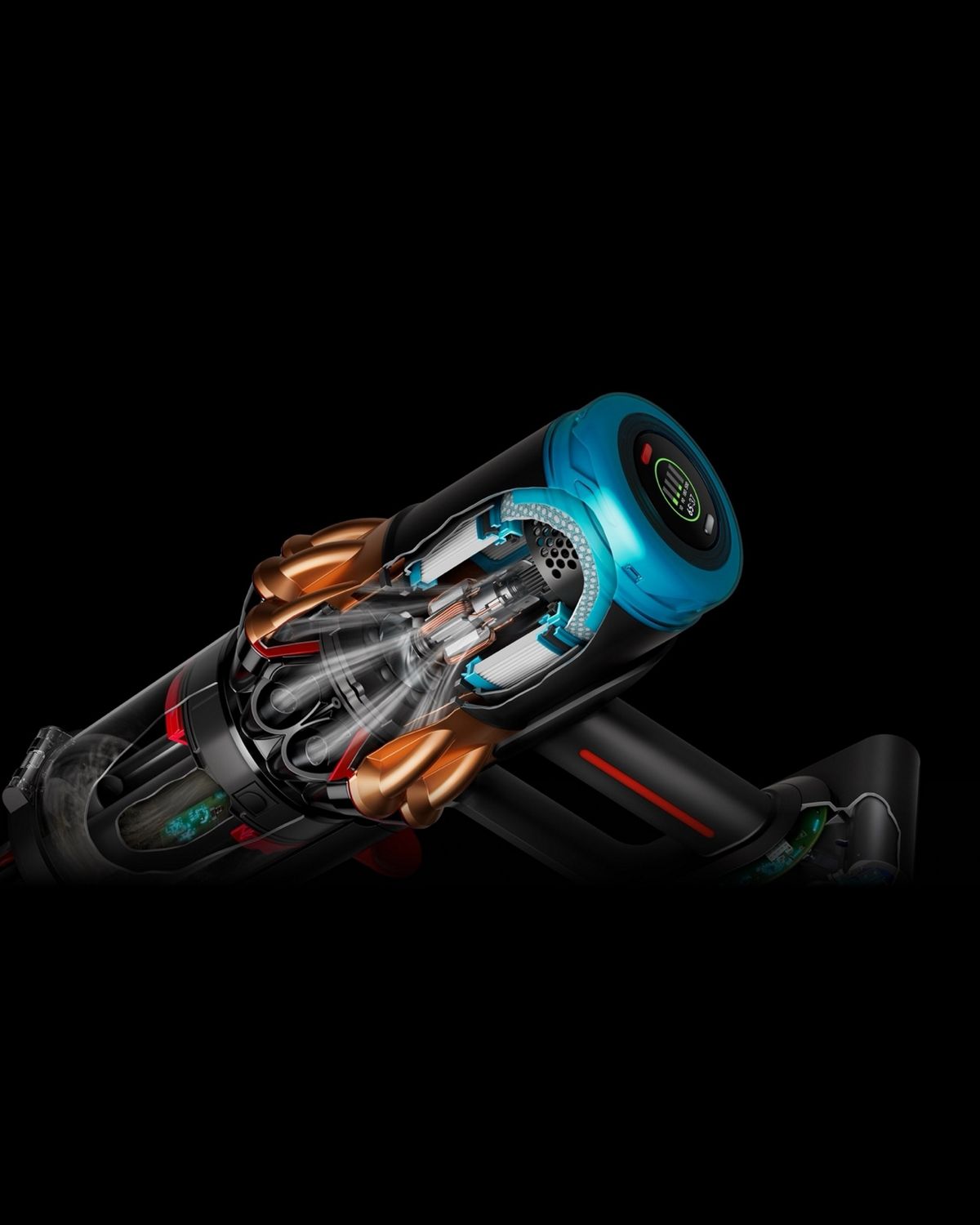 A cutaway of a Dyson V16 Piston Animal cordless vacuum showing the motor within.
