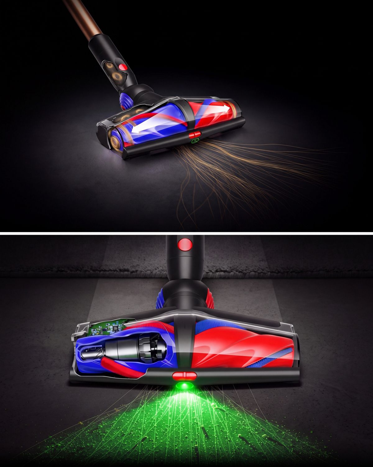 The All Floor Cones Sense cleaner head detangles hair and illuminates hidden dust.