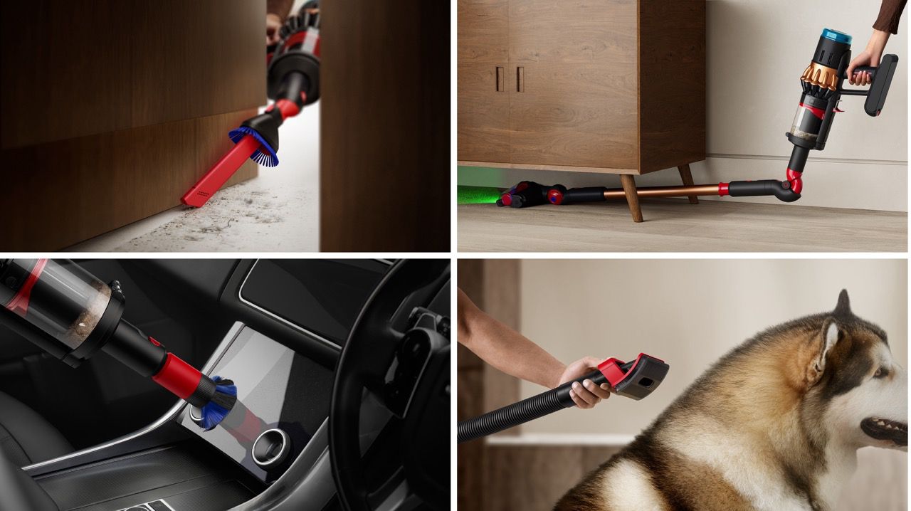 Grid of the Dyson V16 Piston Animal vacuum used with various attachments to clean hard-to-reach areas