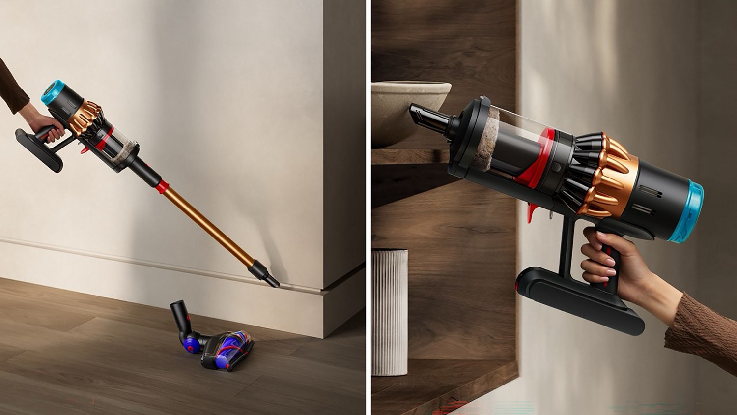 A person uses their Dyson V16 Piston Animal cordless vacuum with and without the wand to clean around their home.