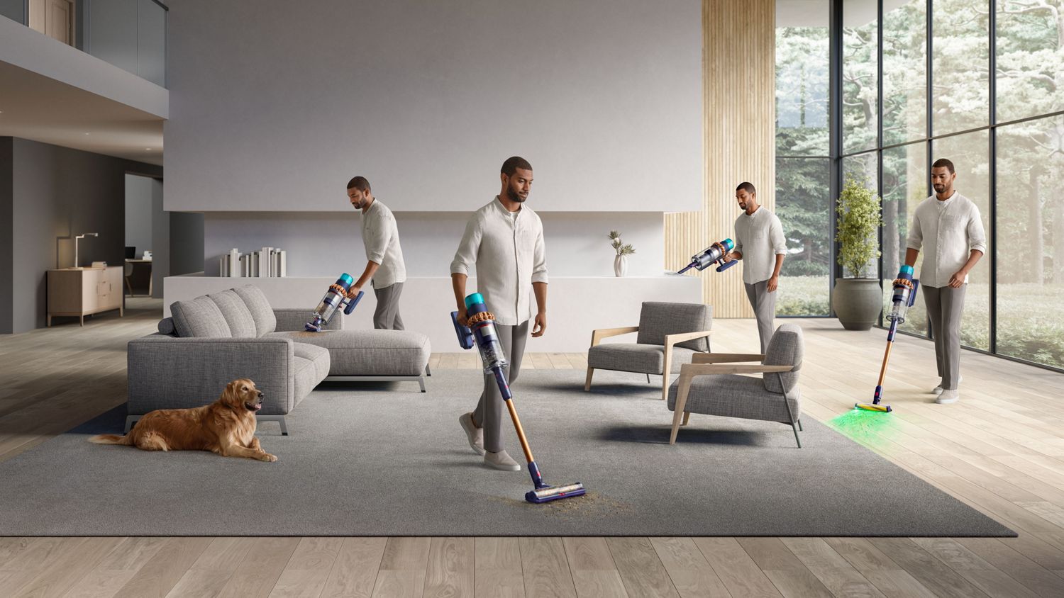 Man vacuuming his home with the Dyson Gen5outsize using the Motorbar cleaner head and Built-in dusting and crevice tool.