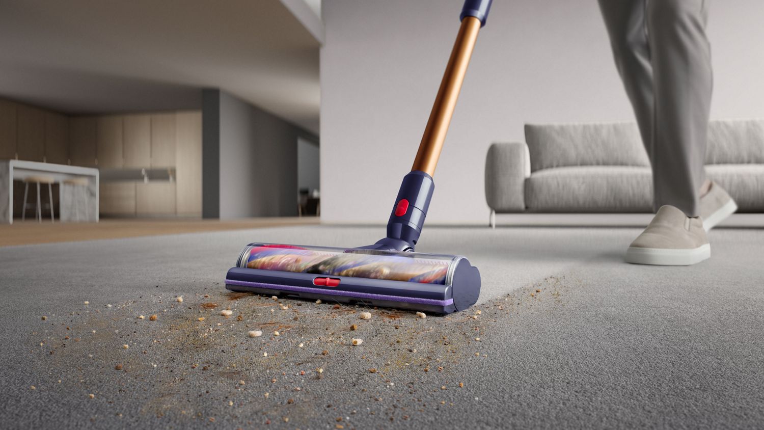 The Motorbar cleaner head picking up debris from a carpet.