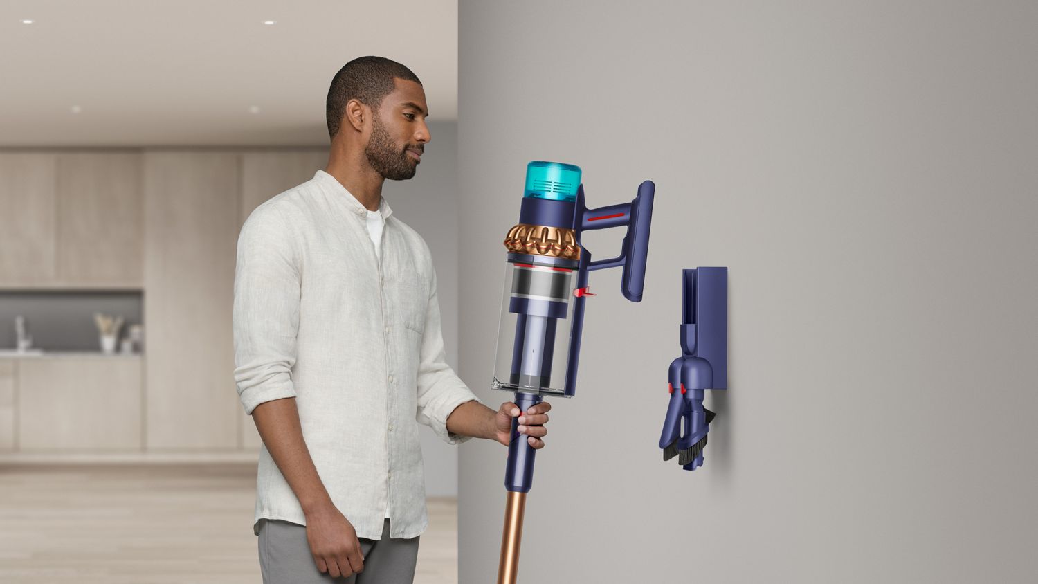 Wall-mounted dock to recharge your vacuums and tidily store tools.