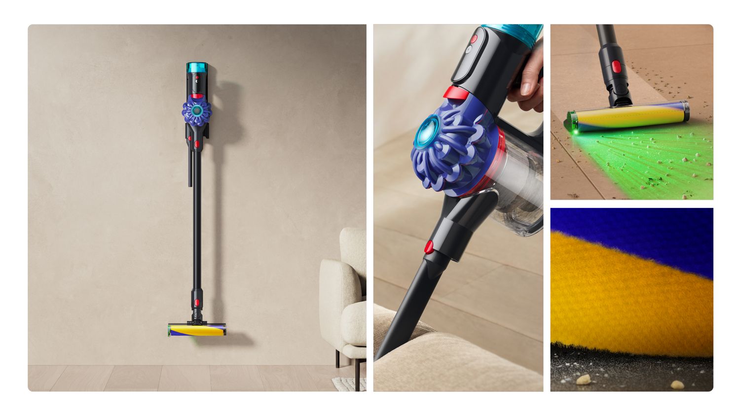 収納用ブラケットに収納されたDyson Cyclone V10コードレス掃除機と、家の中を掃除している様子