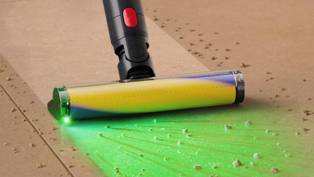 Dyson Fluffy Optic cleaner head illuminates dust and dirt on hard floors.