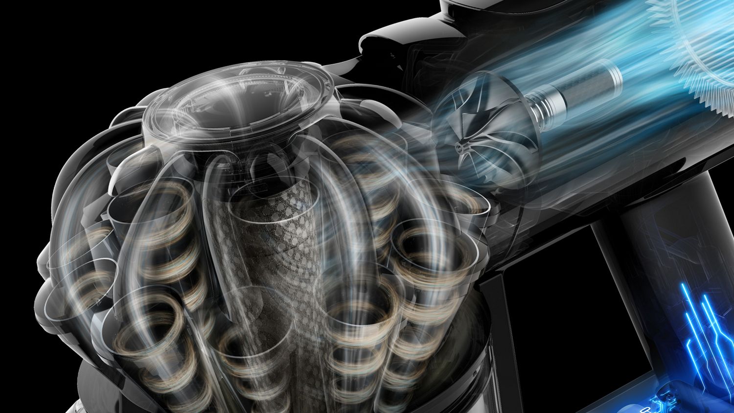 Dyson radial cyclone technology separating dust and allergens from the airflow.