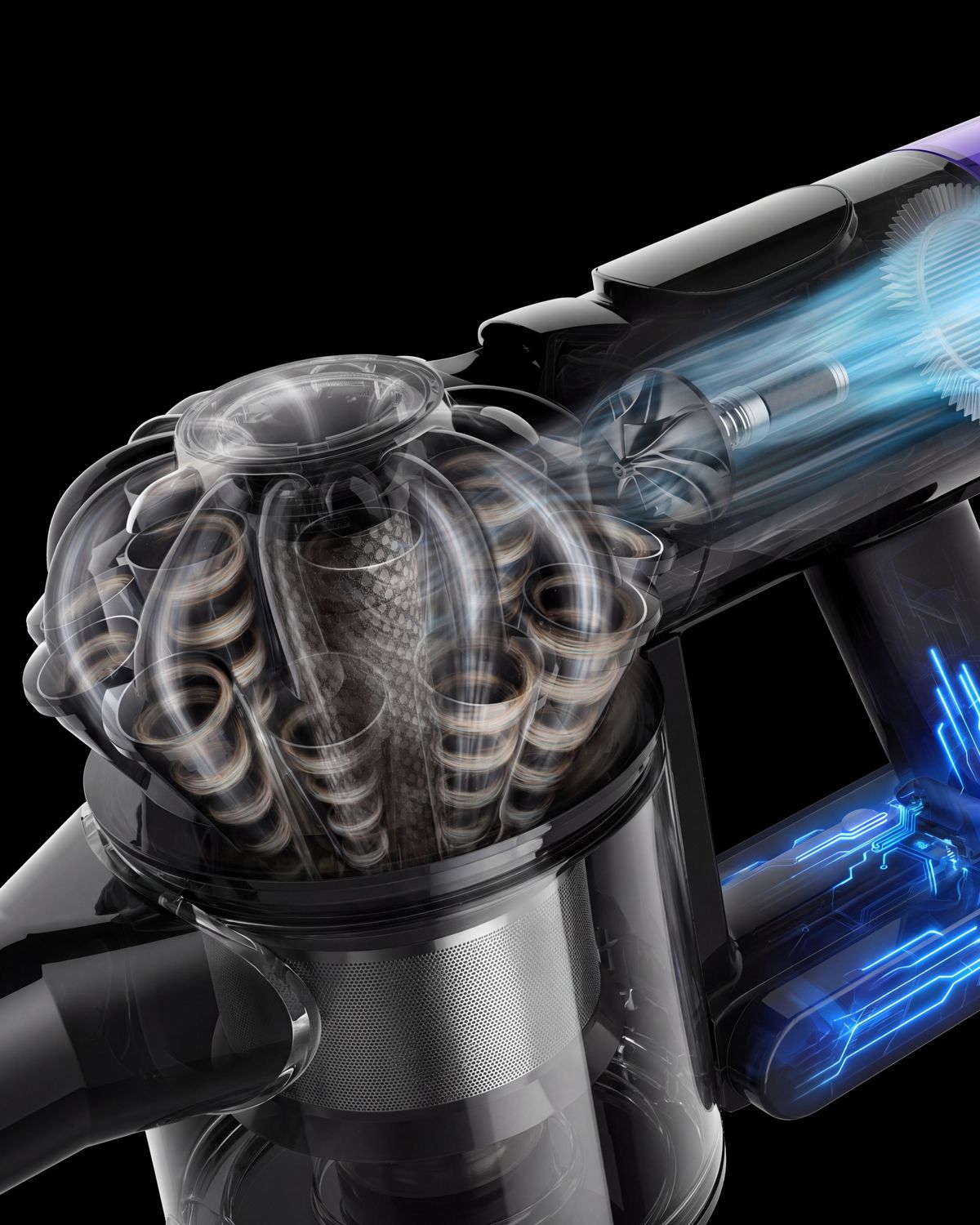 Dyson radial cyclone technology separating dust and allergens from the airflow.