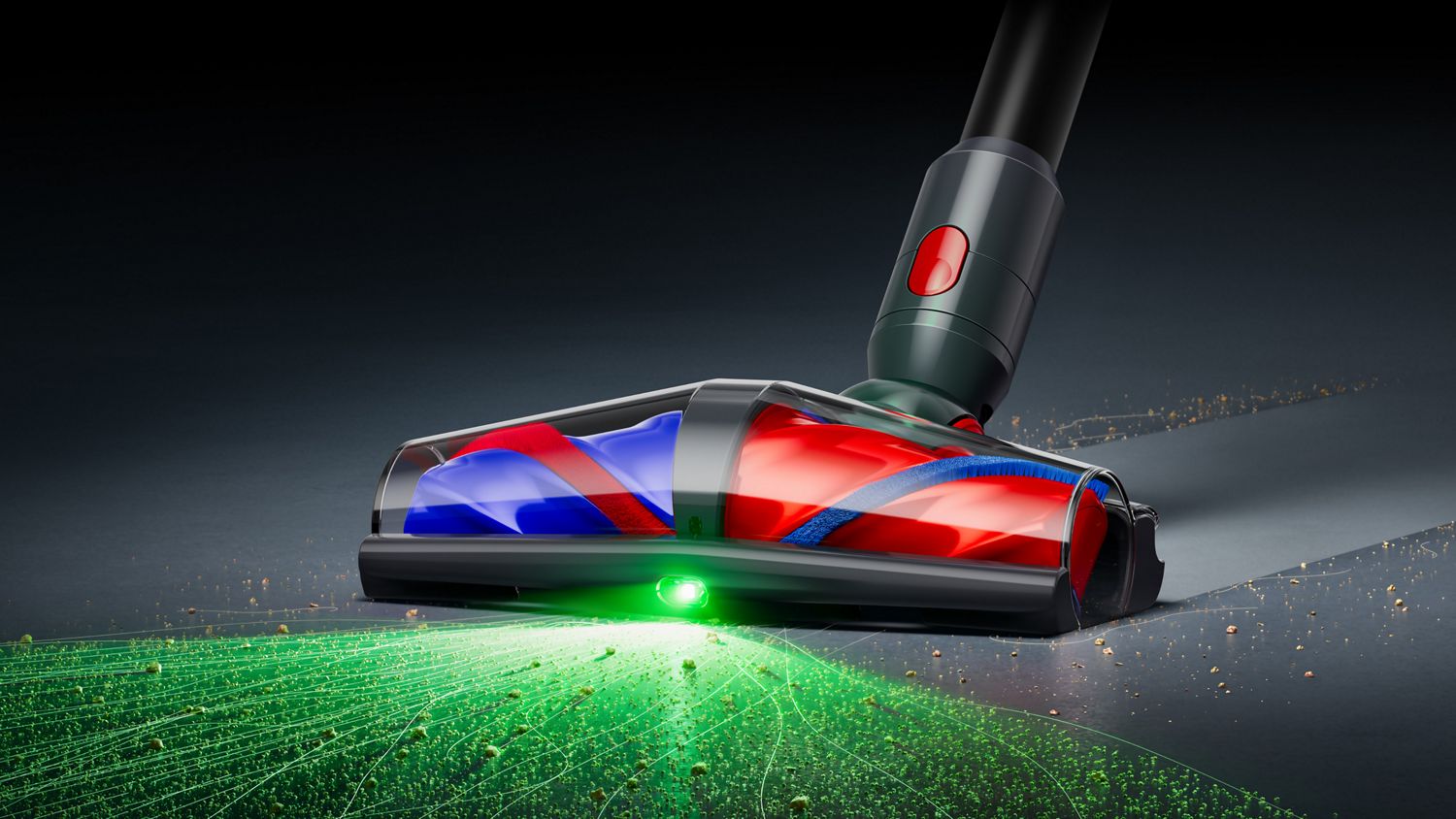 Dyson All Floor Cones conical head illuminates dust and dirt on hard floors.