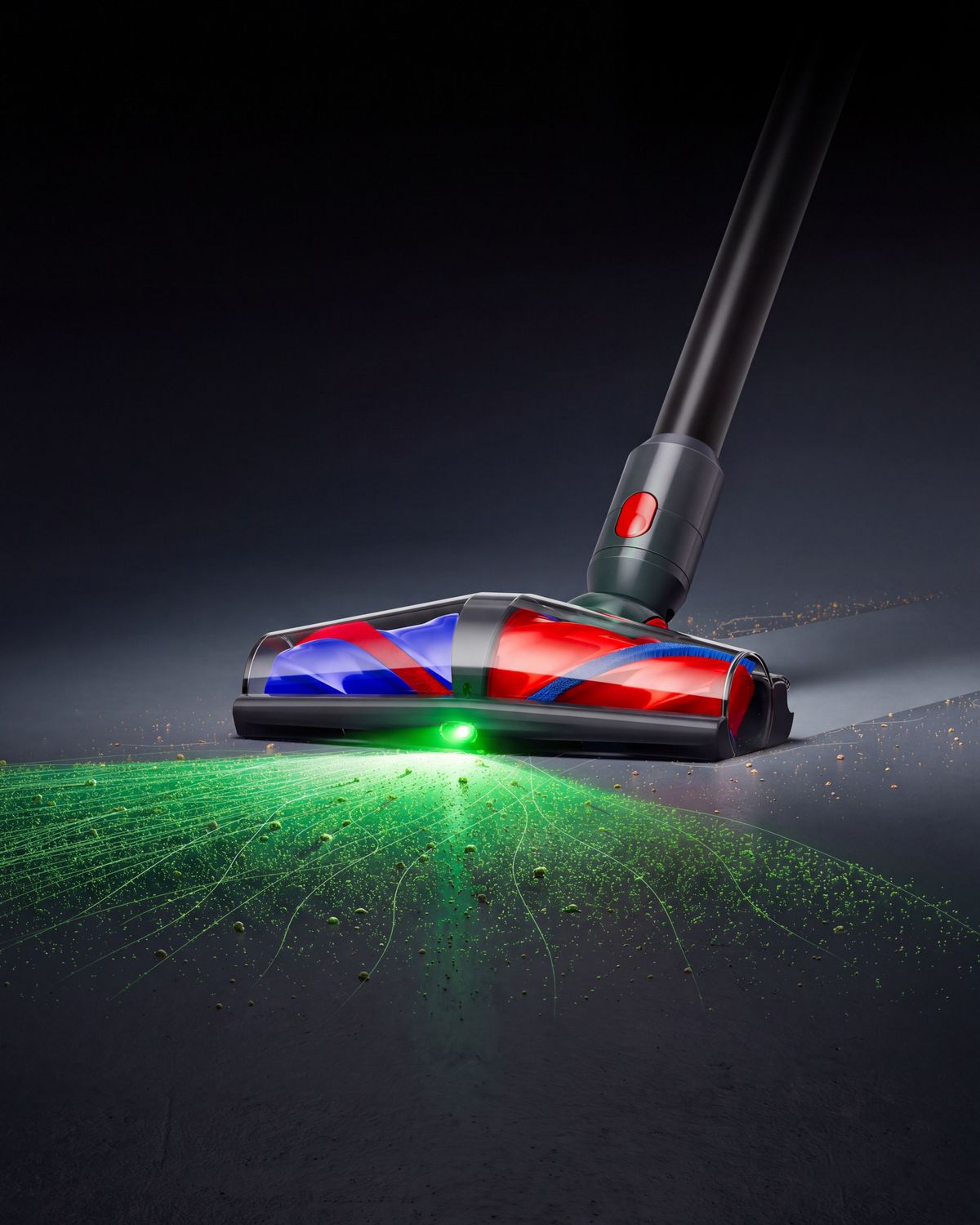 Dyson All Floor Cones conical head illuminates dust and dirt on hard floors.