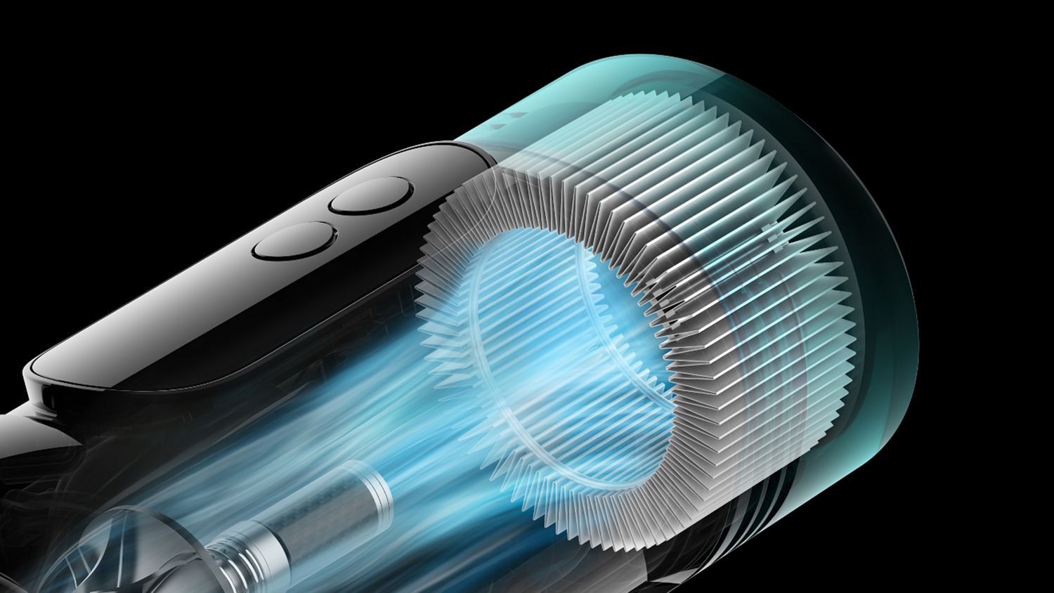 The filter and motor inside the Dyson V10 vacuum.