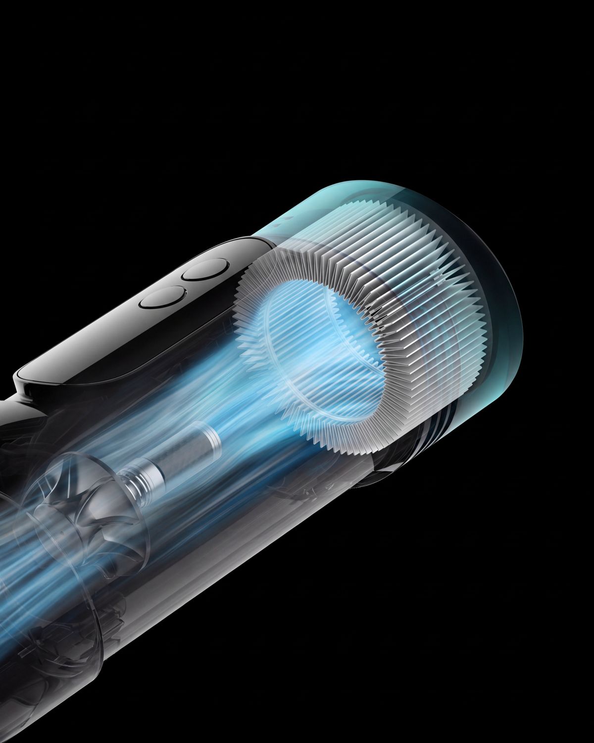 The filter and motor inside the Dyson V10 vacuum.