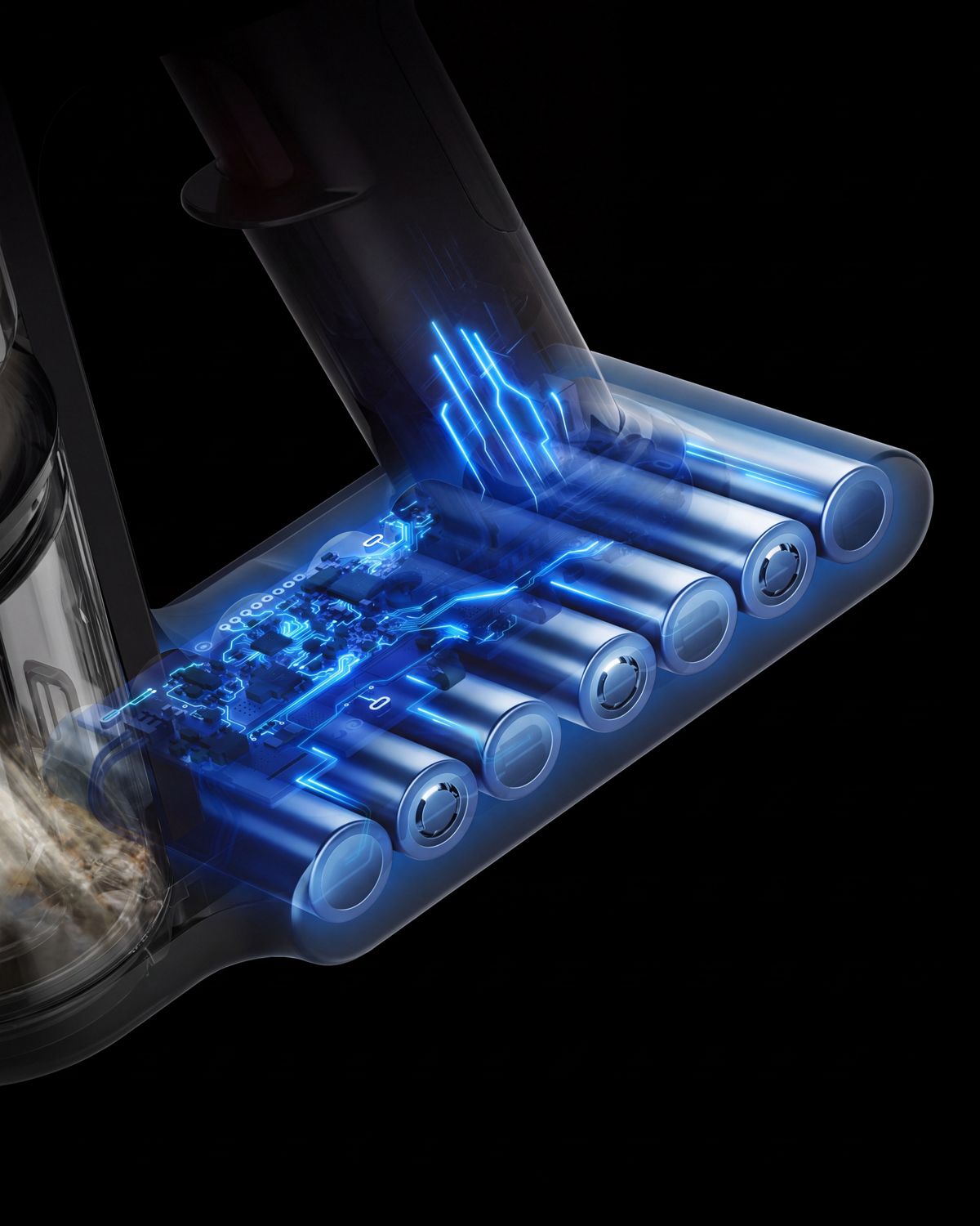 The Dyson V10 vacuum’s powerful 7-cell lithium battery.