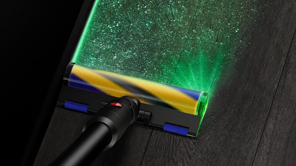 Dyson Fluffy Optic cleaner head illuminates dust and dirt on hard floors.
