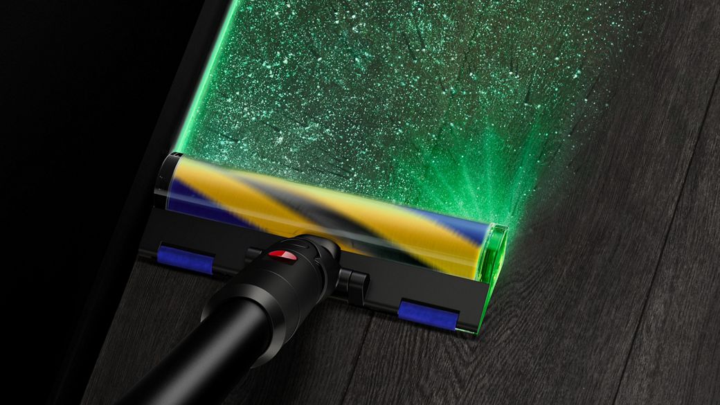 Dyson Fluffy Optic cleaner head illuminates dust and dirt on hard floors.