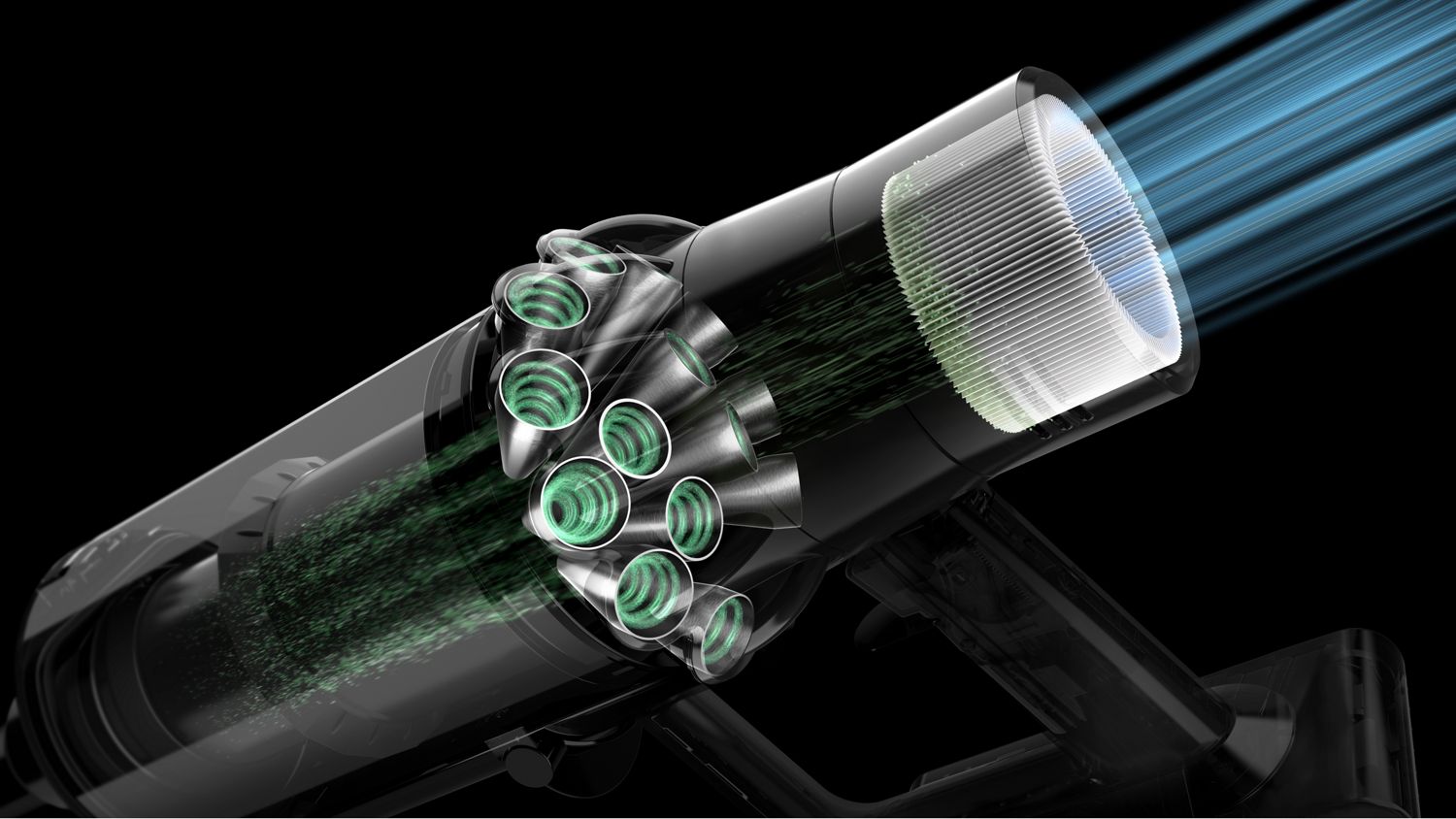 Cutaway showing the filtration in the Dyson V10 vacuum.