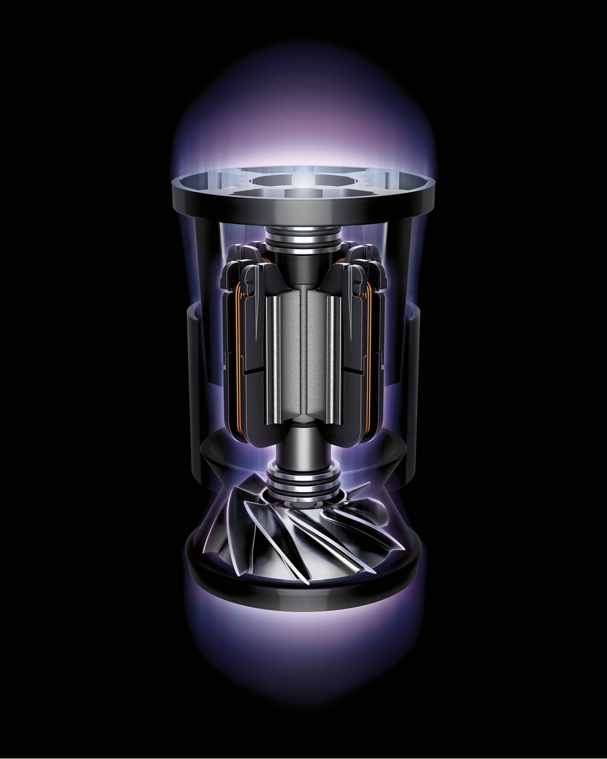 Cutaway showing the motor within the Dyson Cyclone V10 vacuum cleaner.