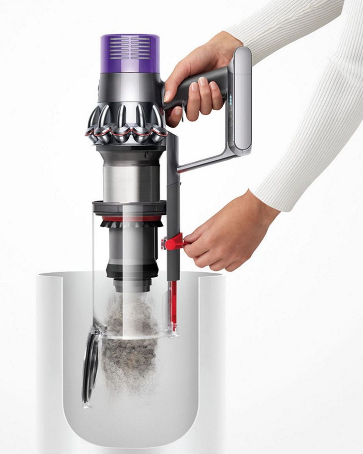 Dyson Cyclone V10 vacuum emptied into the bin.