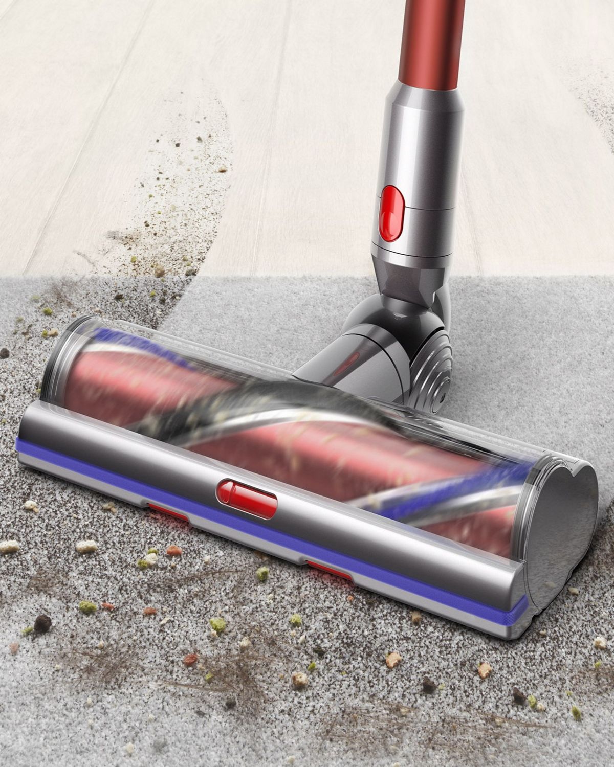 Cleaner head on carpet with image of screen showing three power modes