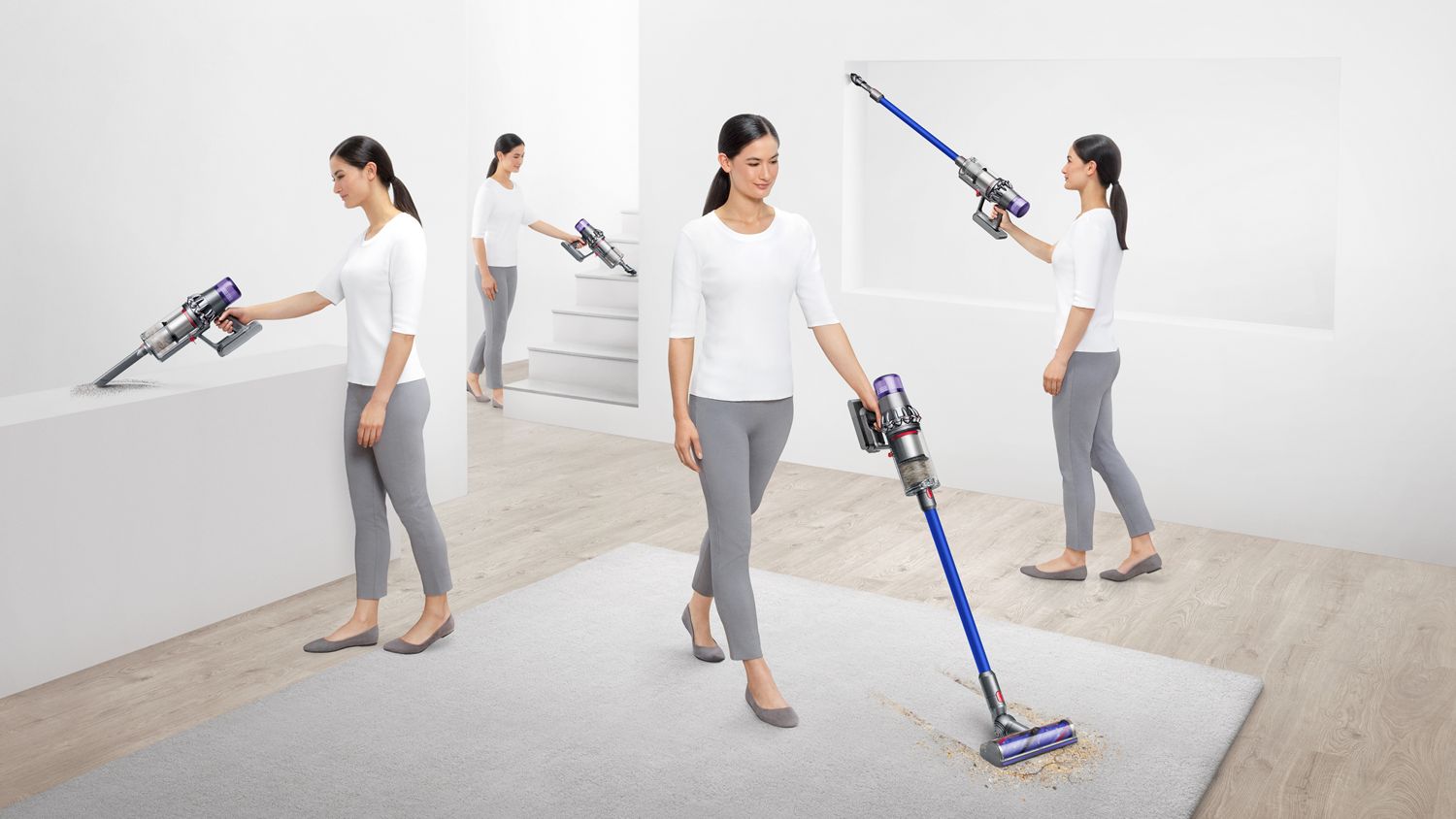 A woman cleaning everywhere with Dyson V11