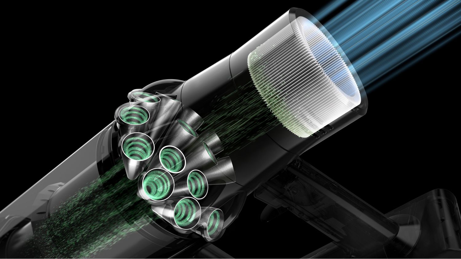 A cutaway of the Dyson V11 vacuum filter.