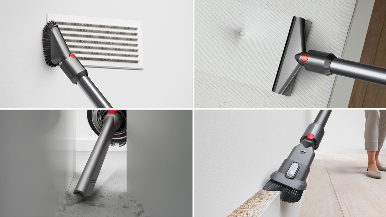 The Dyson V11 vacuum attachments cleaning in different ways.
