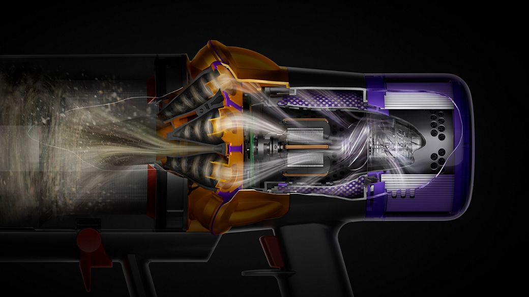 Läbilõige, mis näitab juhtmeta tolmuimeja Dyson V12 Detect Slim filtreerimistehnoloogiat.