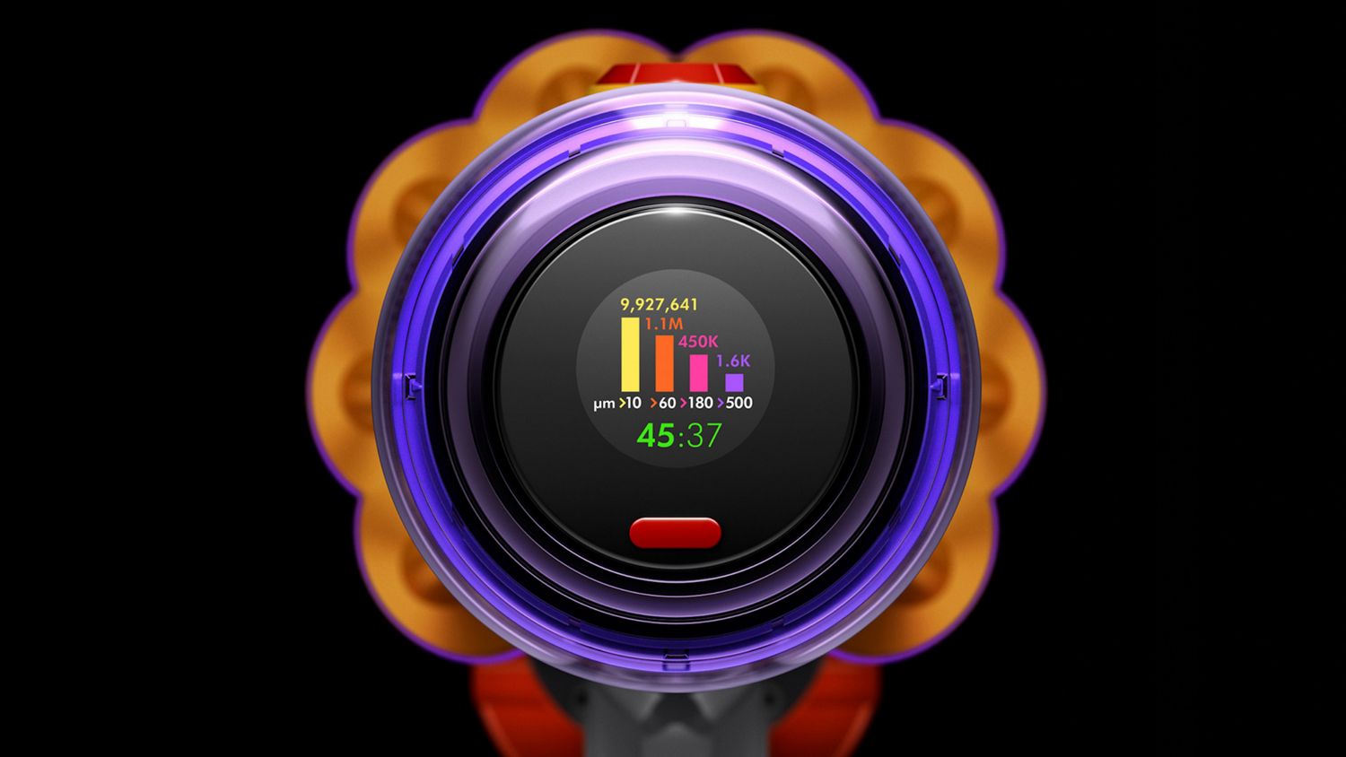 Das Display des Dyson V12 Detect Slim kabellosen Staubsaugers.