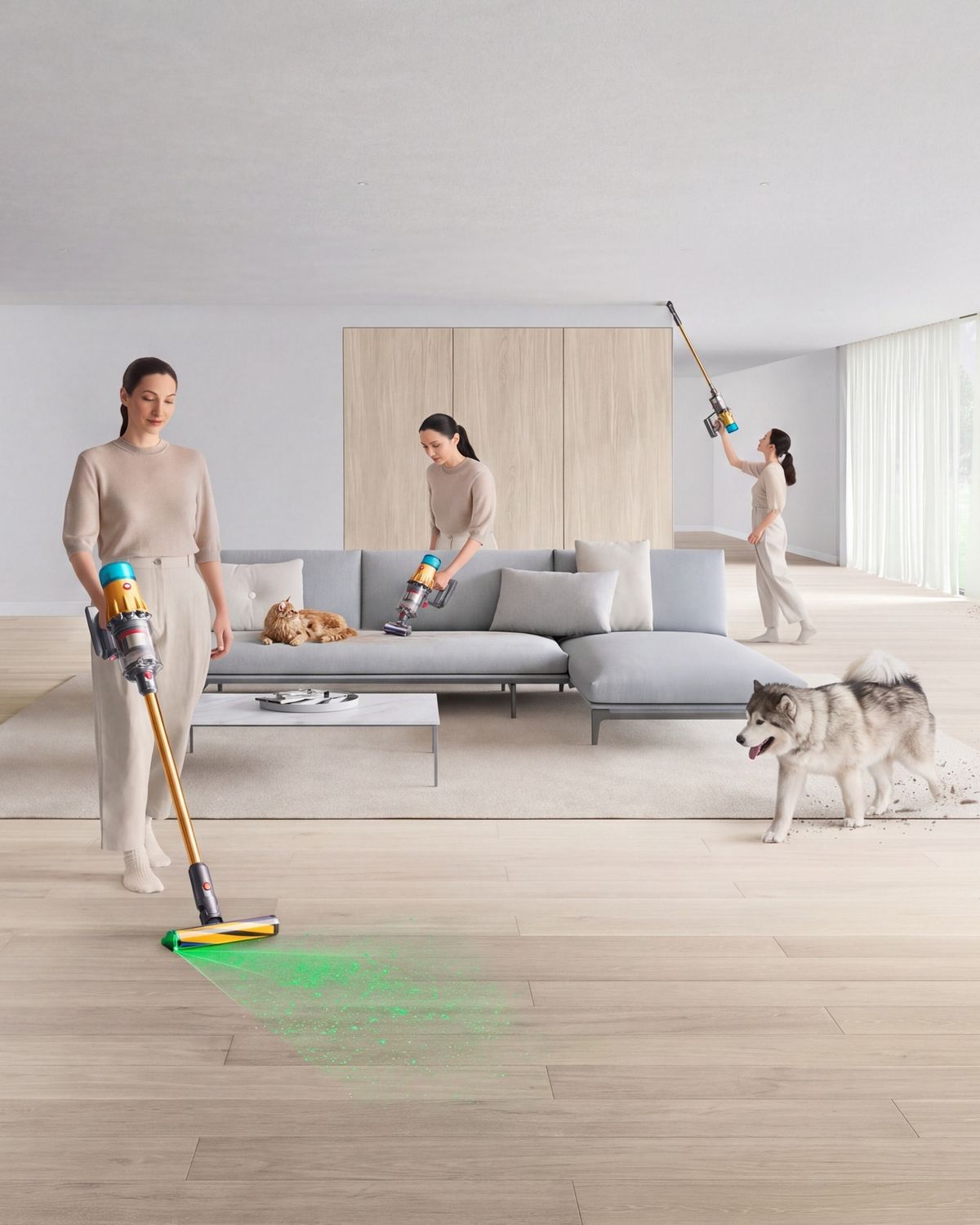 Dyson V12 Detect Slim vacuum with Slim Fluffy Laser cleaner head, showing sizes of dust detected.