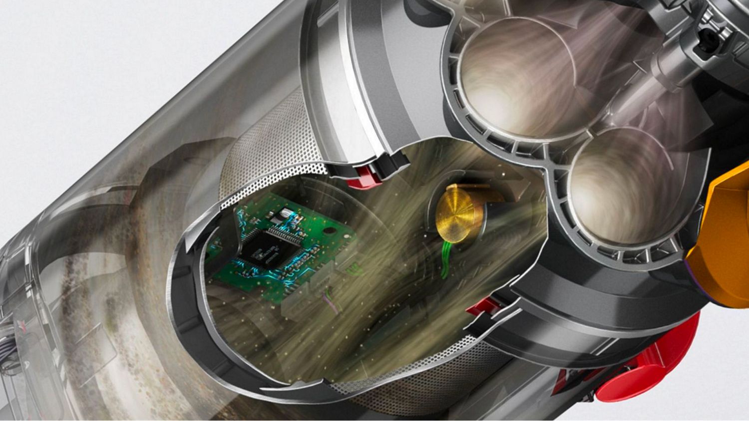 A cutaway of the of the Dyson V12 cyclonic technology.