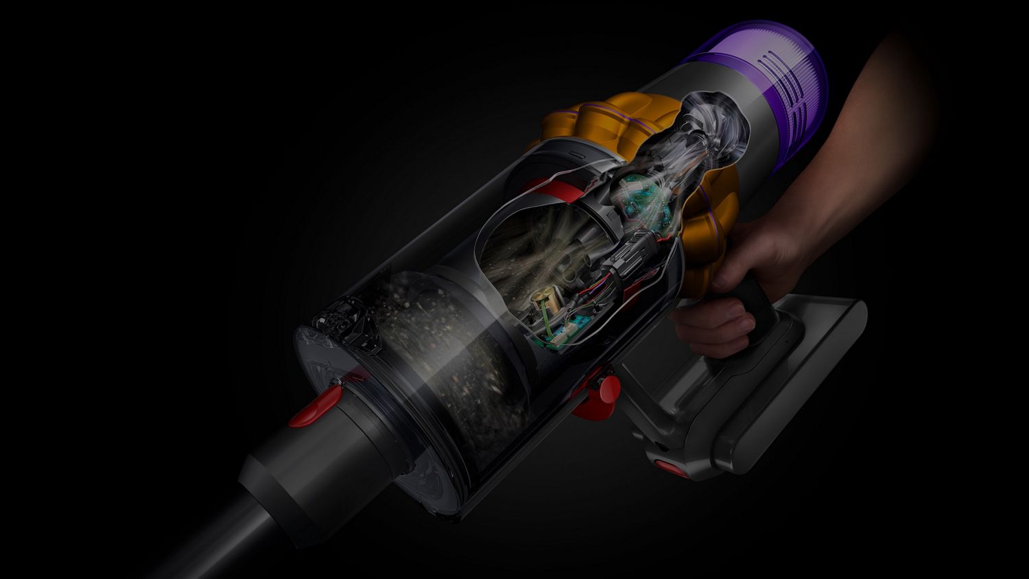 Doorsnede toont de technologie in de Dyson V15 Detect stofzuiger.