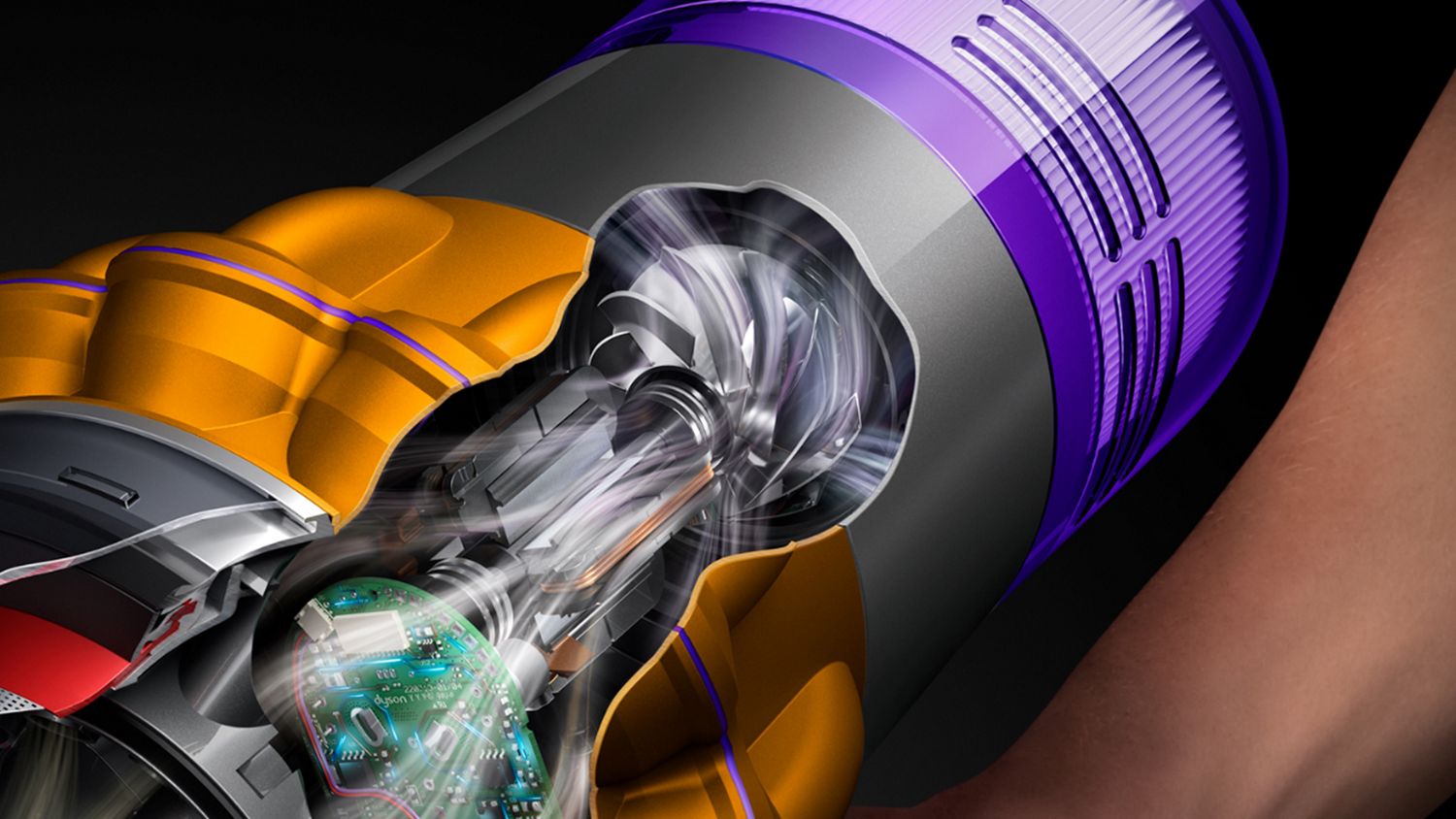 Doorsnede toont de motor in de Dyson V15 Detect stofzuiger.